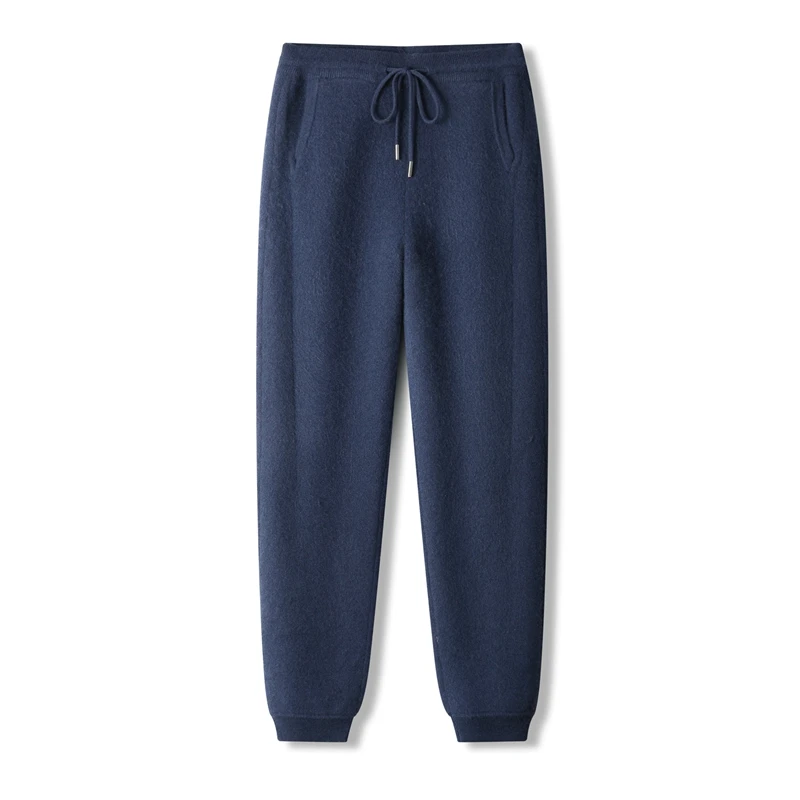 Outono inverno masculino 100% lã merino cintura elástica grosso algemado tornozelo calças compridas com bolsos esportes elegantes calças de malha quente