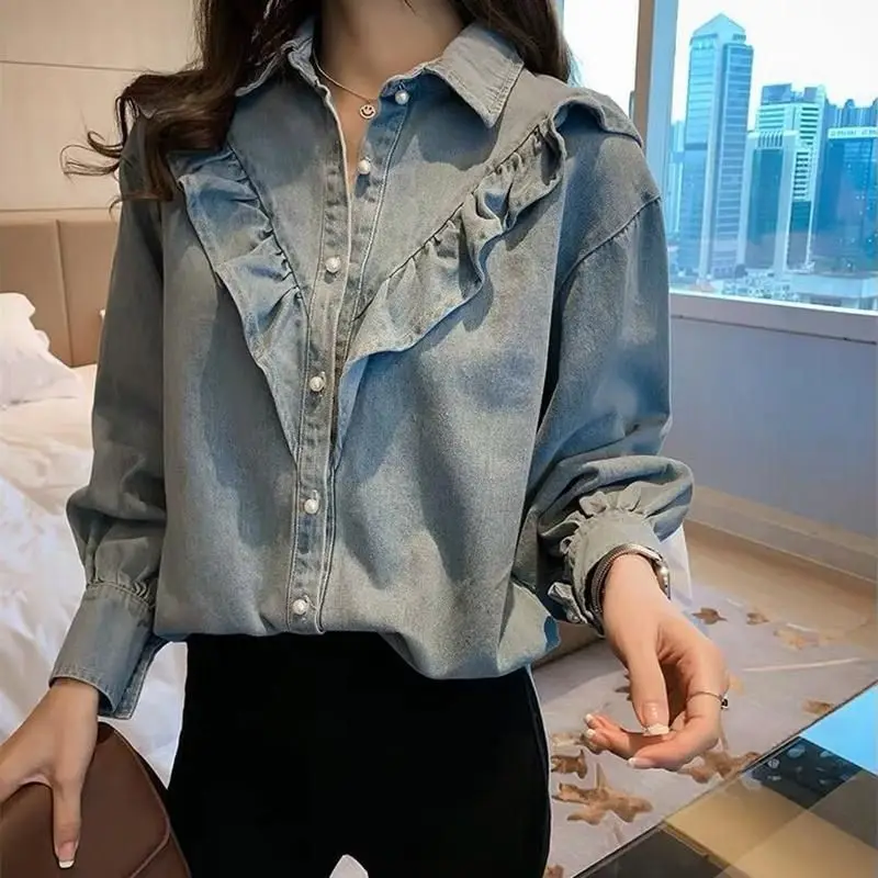 

Spring and Autumn Large Size Women's Denim Shirt Women's Long Sleeve Shirt Cover Belly and Skinny New Bottom Shirt