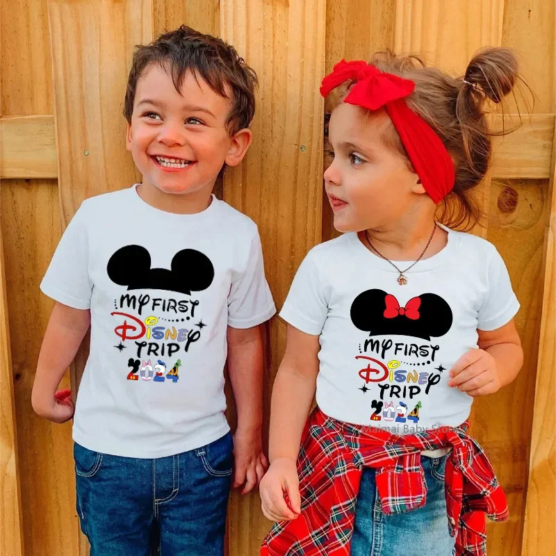 

New My First Disney Trip 2024 Kids Tshirts Funny Short Sleeve Boys Girls Disney Vacation T Shirt Mickey Minnie Children Clothes