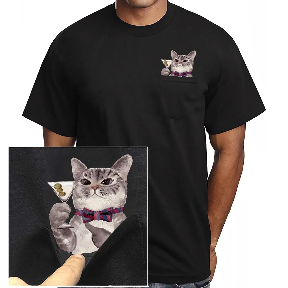 HX Animals Cats Cotton T-Shirts Grape Cocktail Kitten Double Middle Finger Pocket Shirts Summer Short Sleeve Tees Men Clothing