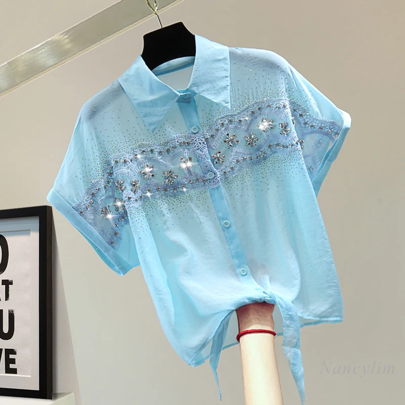 

Diamond Embroidered Short Sleeve Sun Protection Shirt Women's 2024 Summer Korean Style Loose Slimming Solid Color Rhinestone Top