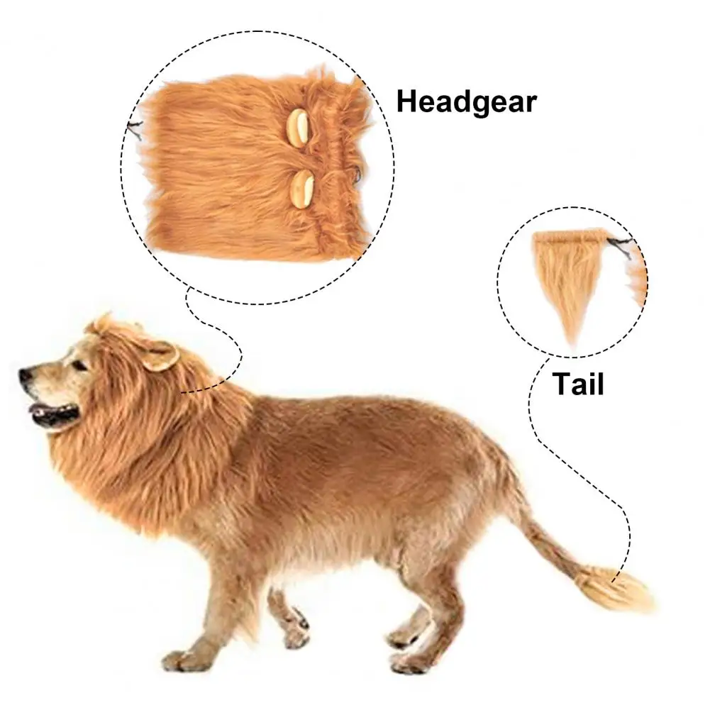 Dog Lion Mane with Ears Adjustable Pet Lion Wig Brown Lion Mane Tail Costume for Medium to Large Dogs 19-28 Inches Neck Size