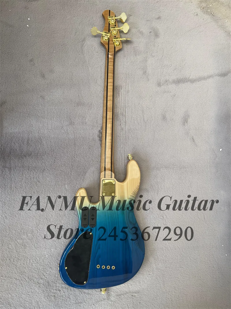 Blue bass 4-string electric bass Burl maple top ash wood body roasted maple neck gold bridge active battery