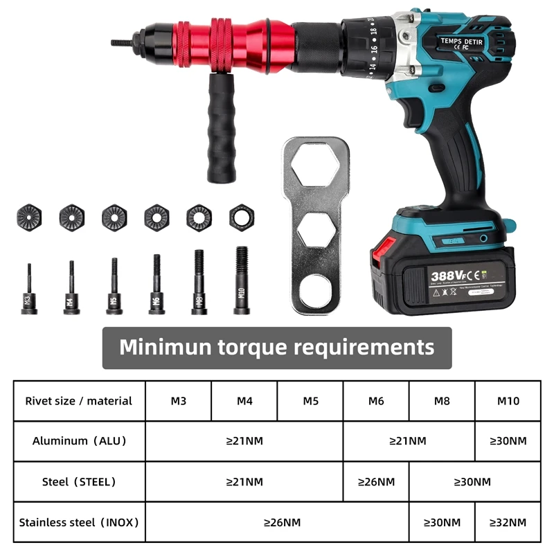 Ferramenta de rebite elétrico com adaptador, rebitador manual, M3, M4, M5, M6, M8, M10