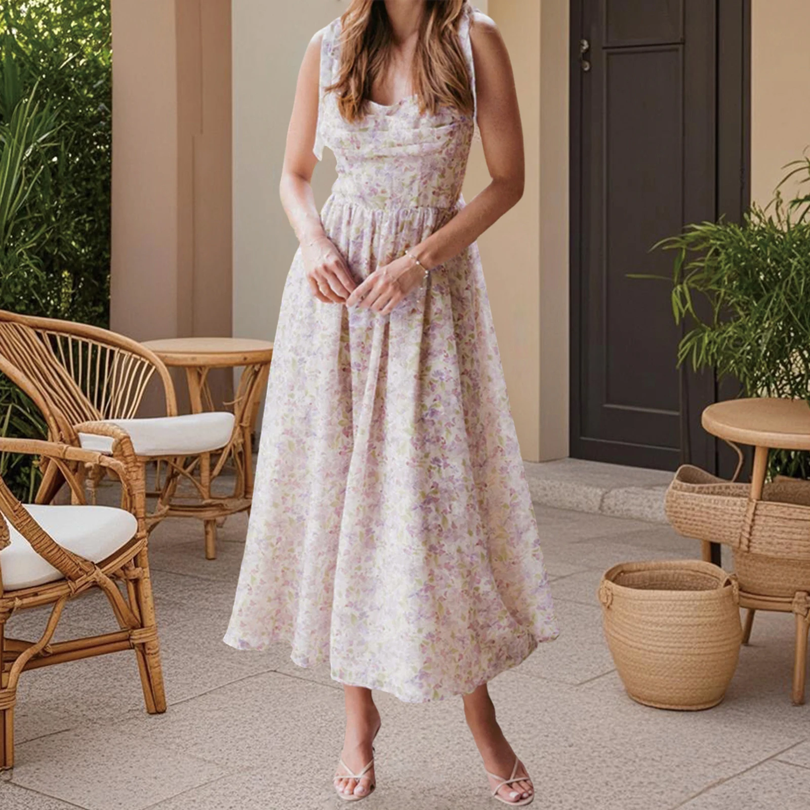 Nouveau Sexy femmes robe longue imprimé fleuri bretelles à nouer robe Cami mode d'été sans manches tenue décontractée S M L