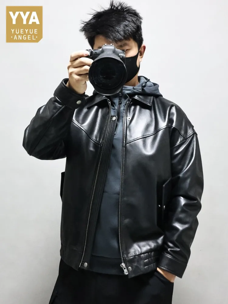 

Winter Male Black Genuine Leather Jackets Lapel Zipper Real Sheepskin Outerwear Men Loose Youthful Casual Jacket Windproof Coat