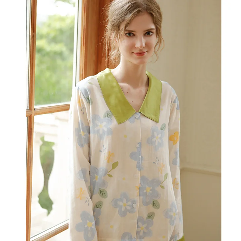 2023 Autumn Cotton Gauze Pajamas Loli Long Sleeve Cardigan Home Clothes Floral Loungewear Women Pijama Sexy Mujer 2 Piece Set