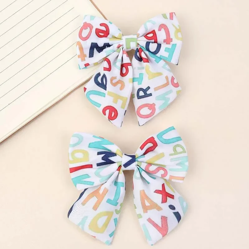 2PCS Back To School Bow Hairpin Ribbon Letter Print Hair Clip For Girls Handmade School Barrettes Kids Hair Accessories