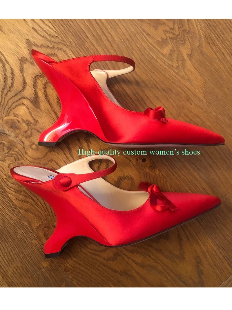 

Red Tip Satin Fabric Unique Heels Low-Cut Sandals Hollowed-Out Instep Ankle Buckle Runway Style Handmade Luxury Women's Shoes