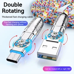 Fast Charging Cable Double Elbow Rotation USB A to Type C Micro USB Cable With Light Zinc Alloy Head Colorful Braided Data Cable