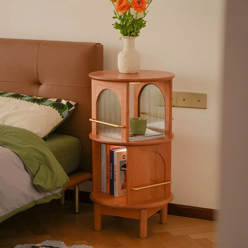 Retro American walnut mobile rotating edge table, living room sofa storage tea cabinet