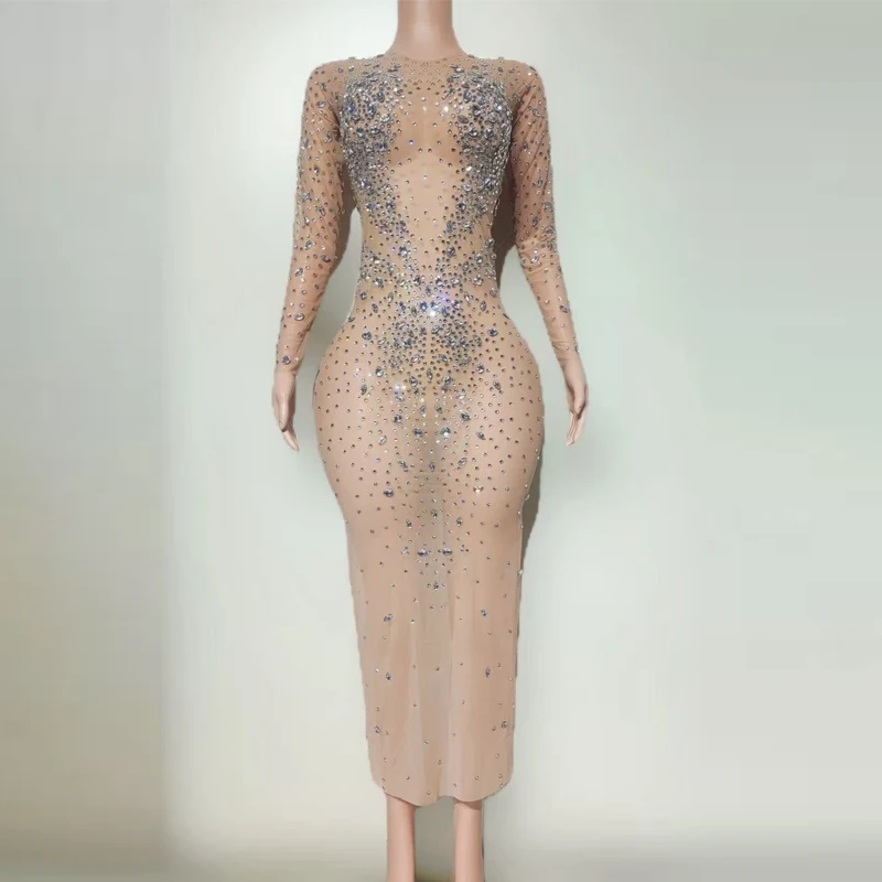 Women Celebrate Performance Outfit Flashing Full Rhinestones Evening Dress Bar Night Club Party Gown Festival Wear XS10566