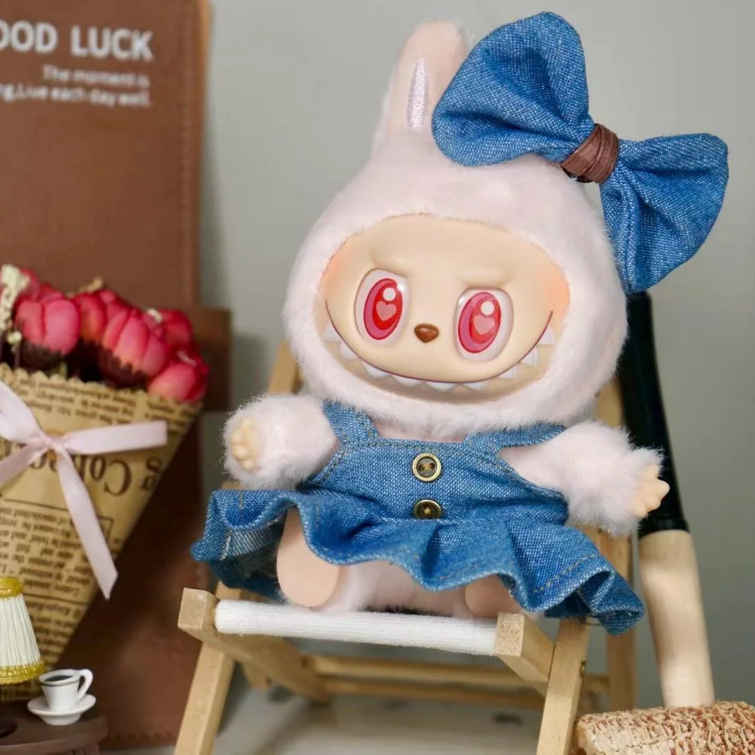 

17cm Labubu Doll Cute Denim Bow Dress Overalls Set for 1.0 2.0 3.0 Generation Vinyl Figure Changeable Costume Hanging Decor