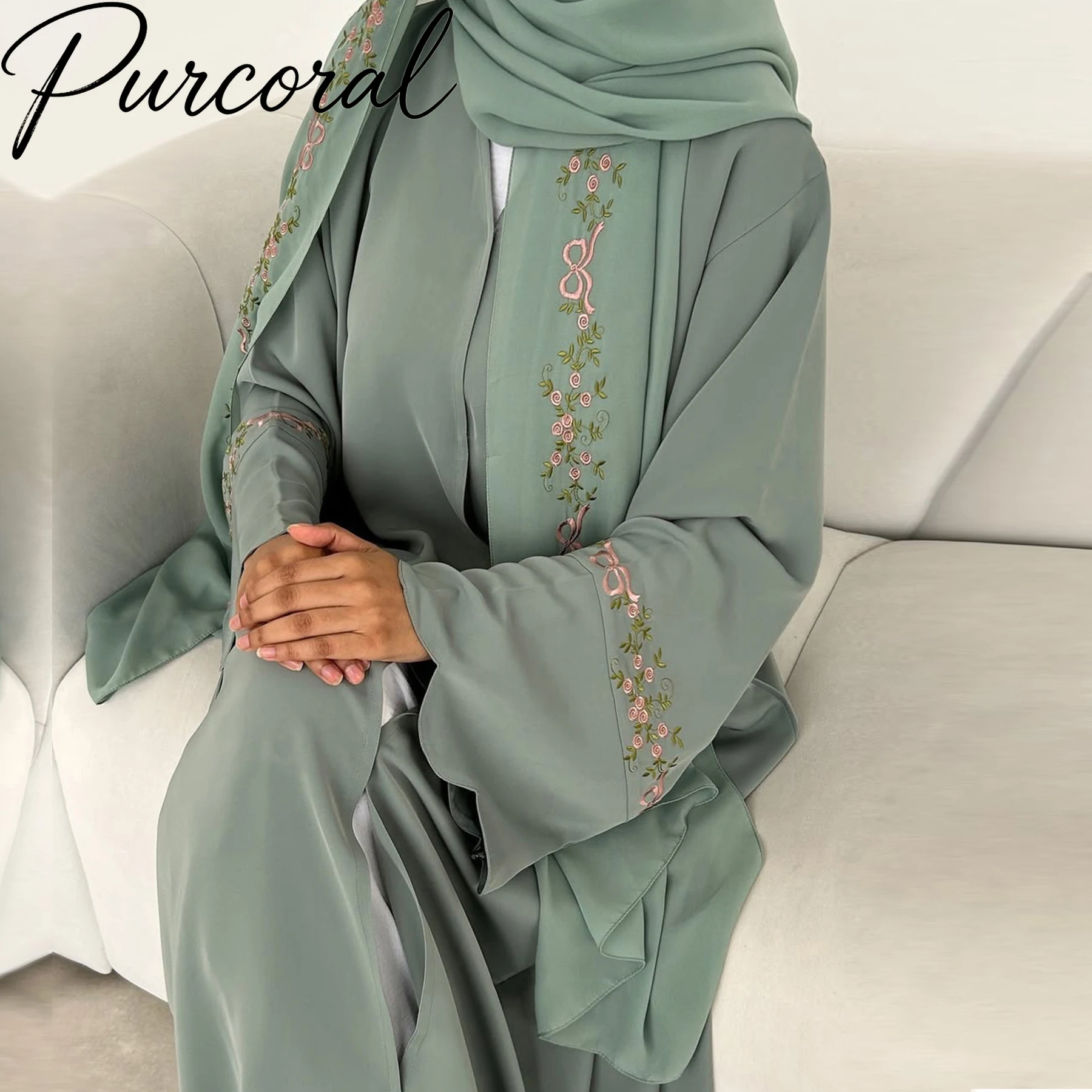 Purcoral 2026 Muslim Women Flower Embroidery Open Abaya Flared Sleeve Kimono Robe Matching Hijab Modest Islamic Clothing Suit