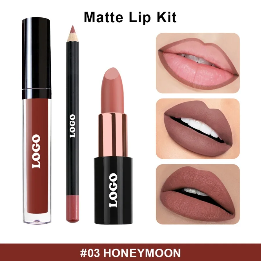 Custom 10colors 3in1 Black Round Tube Lip Kit Matte Long Lasting Waterproof Easy To Apply Smooth Lipstick&lipgloss&liner Set