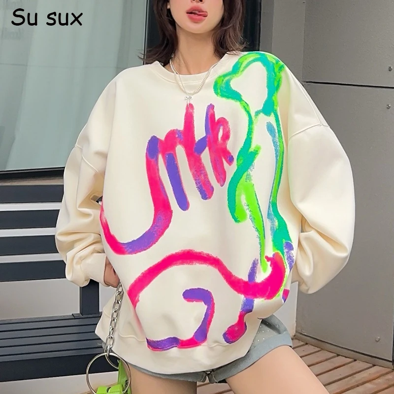 

Graffiti Pullover O Neck Long Sleeve Oversized Tops Women 2024 New Y2k Clothes Casual Loose Sweatershirts Sportwear Outwear