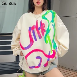 Graffiti Pullover O Neck Long Sleeve Oversized Tops Women 2024 New Y2k Clothes Casual Loose Sweatershirts Sportwear Outwear