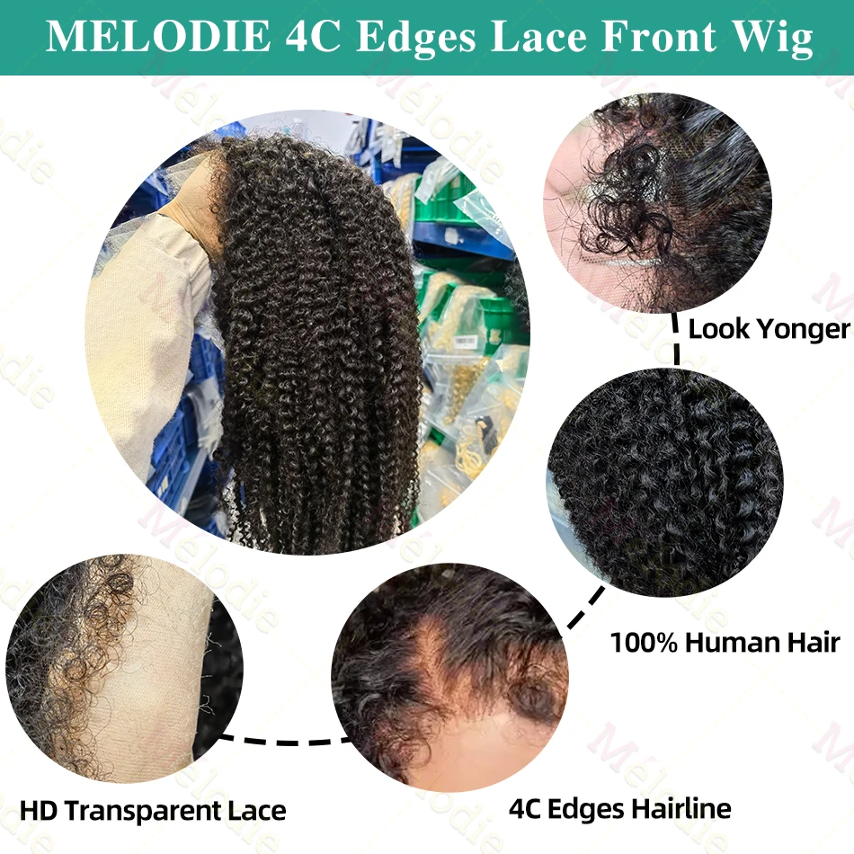 MELODIE 4C Kinky Edge Kinky Curly 13x4 Lace Front Human Hair Wigs 13x6 Deep Curly Lace Frontal Wig  Pre Plucked 200% Density