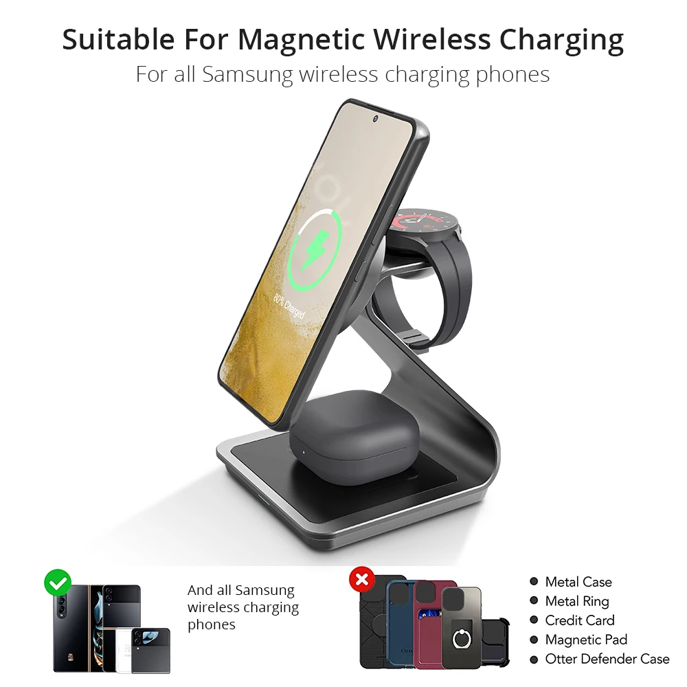 Bonola 25W Metal Magnetic 3 in 1 Charger Holder For Samsung S24 Ultra/S23 Fast Wireless Charging for Galaxy Watch 7/6/5/Earbuds