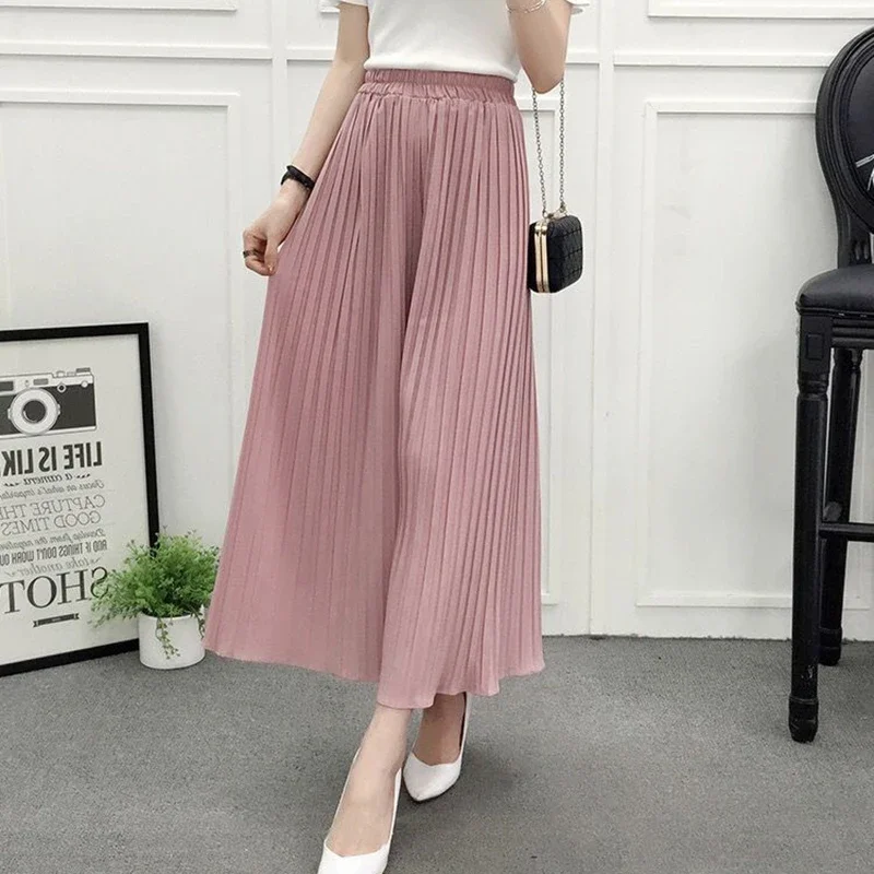 

Summer Solid Color Pleated Chiffon Pants Women Casual Loose Elastic Waist High Pants Woman Wide Leg Calf Length Pants Female