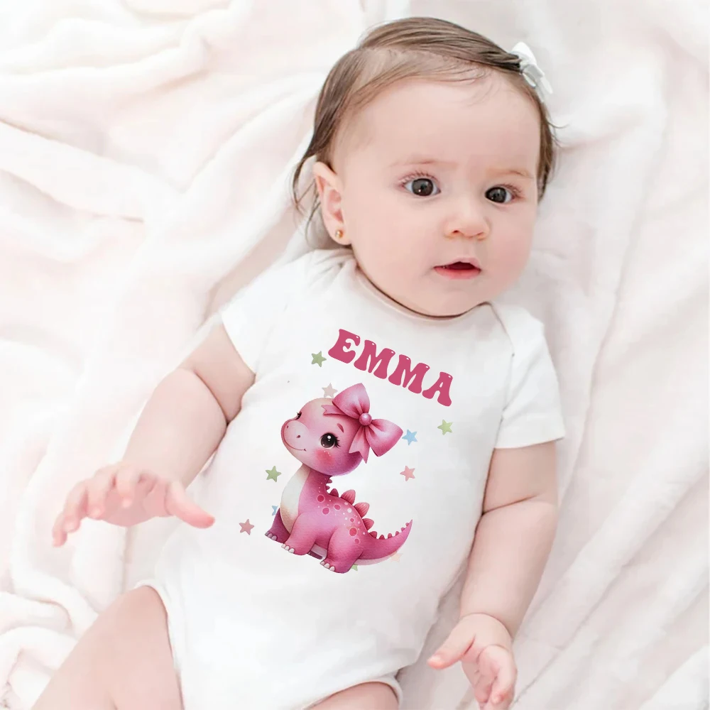 Personalized Dinosaur with Name Baby Bodysuit Newborn Romper Toddler Short Sleeve Outfit Girl Summer Jumpsuit Infant Shower Gift