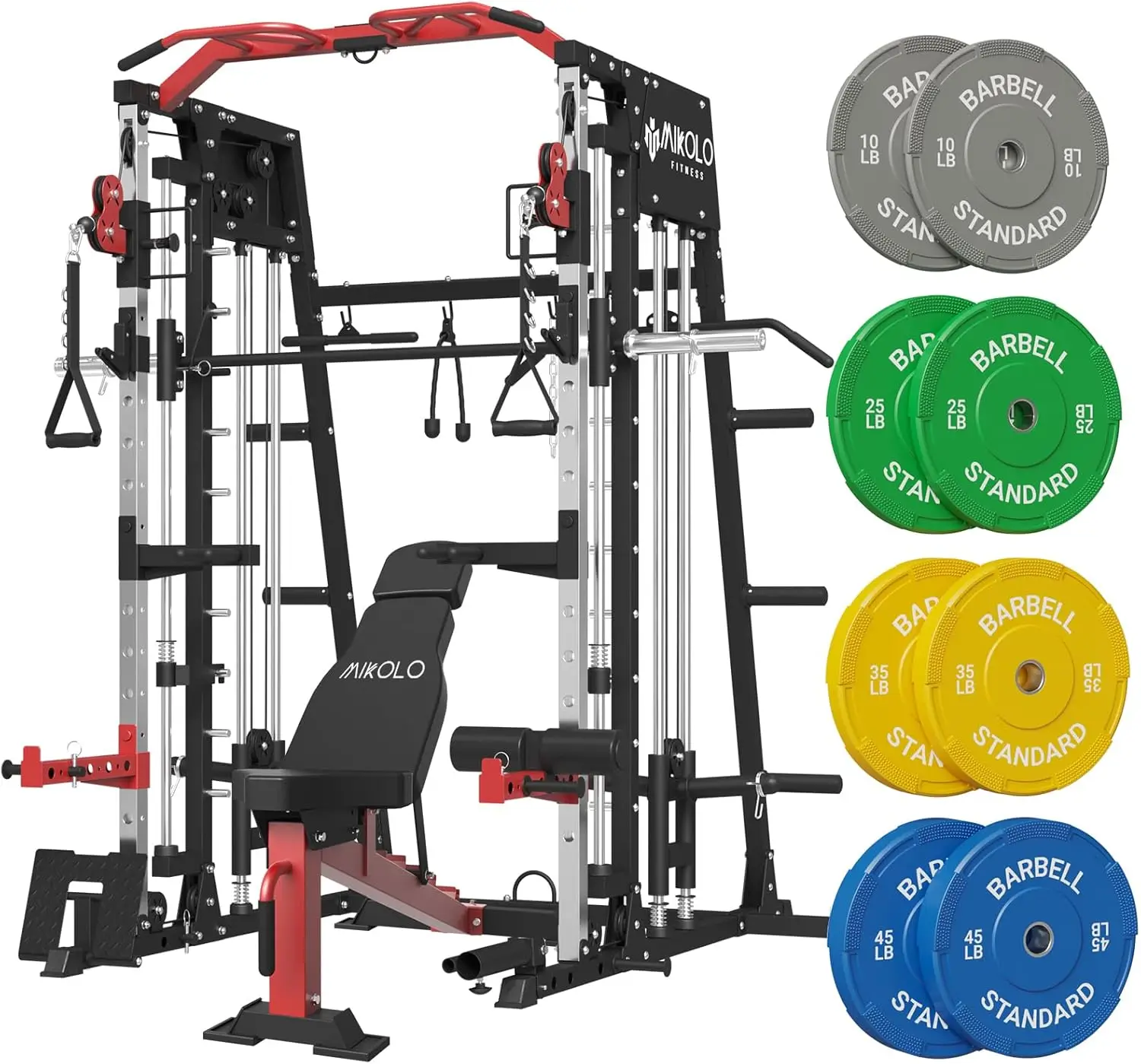 Mikolo Smith Machine, 2200lbs Squat Rack with LAT-Pull Down System & Cable Crossover Machine, Training Equipment with Leg Hold