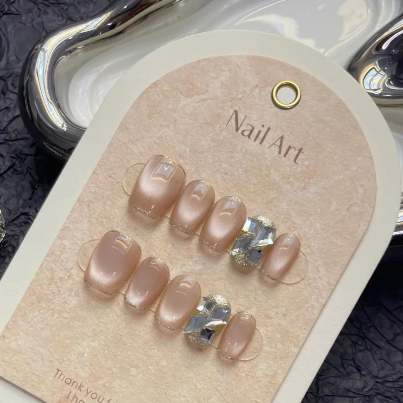 Unhas artificiais reutilizáveis para mulheres e meninas, feitas à mão, pressionadas, curtas, manicure, decoradas, adesivas, 10 peças por conjunto