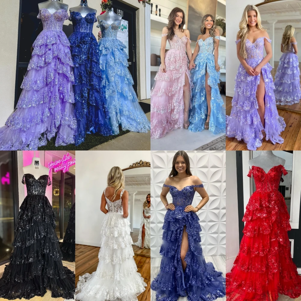 Sparkling Tulle Prom Dress 2k24 Ruffle High Slit Skirt Corset Off-Shoulder Pageant Formal Evening Event Party Runway Gala Real