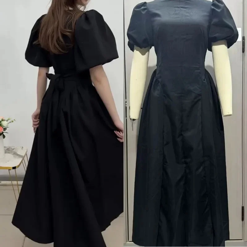 

Chic Women's Elegant O-Neck Puff Sleeve Long Dress 2025 A-Line Slim Fit High Waist Design Pleated Casual Office Party Vestidos