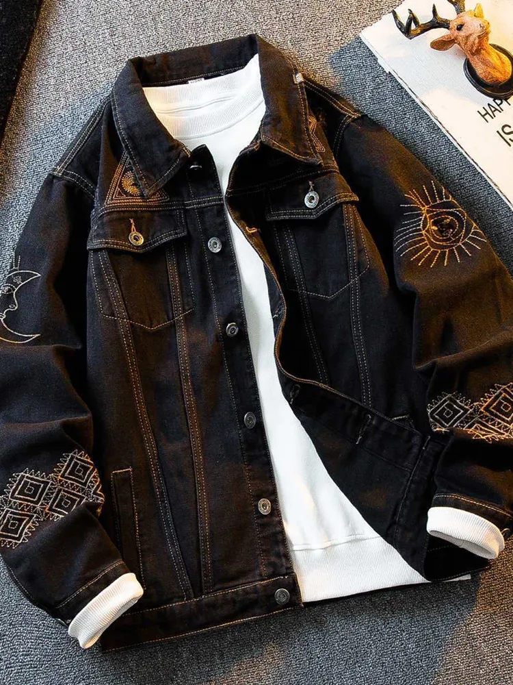 الخريف والربيع موضة جديدة الاتجاه المطبوعة الأمريكية خمر الدنيم سترة الرجال عادية فضفاض الرياضة عالية الجودة ملابس خارجية M-4XL