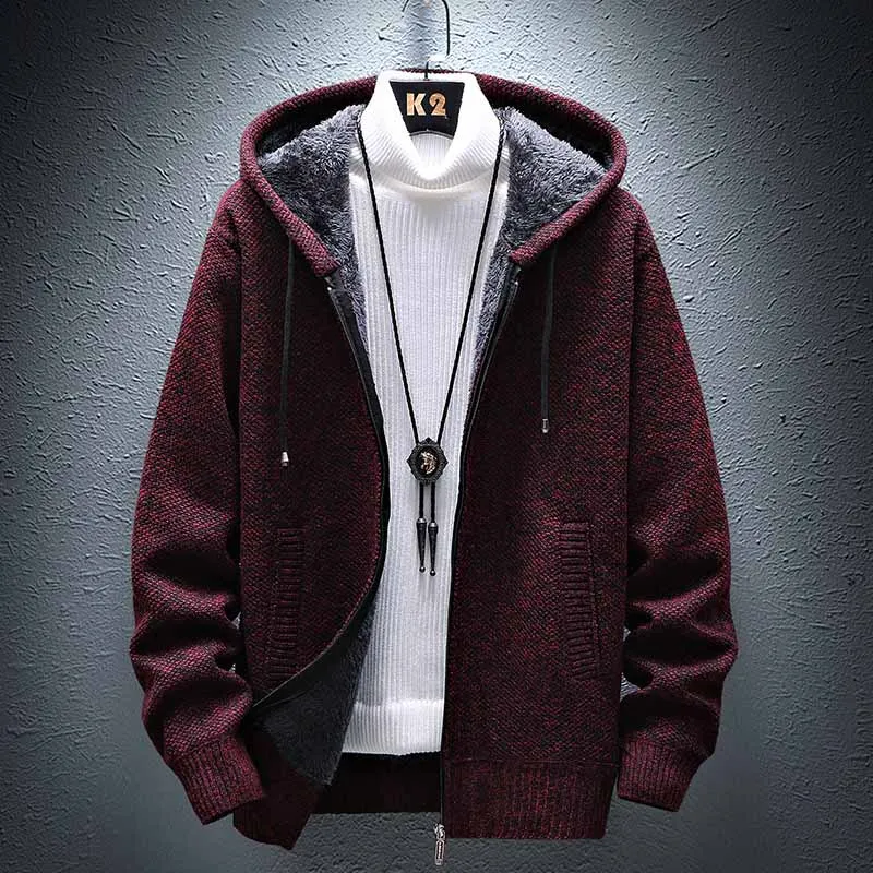 FALIZA Hooded Cardigan Knitted Sweater Mens Solid Color Thick Fleece Wool Casual Knitwear Male Clothing Sweaters for Men MXY117