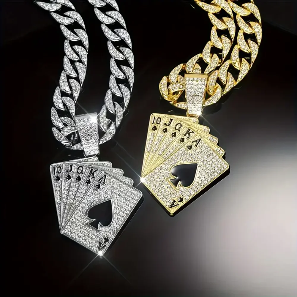 

18K Gold Plated Hip-Hop Iced Out Spades Playing Card Necklace Men's Personalized Street Hip-Hop Rock Trend Jewelry from US Stock