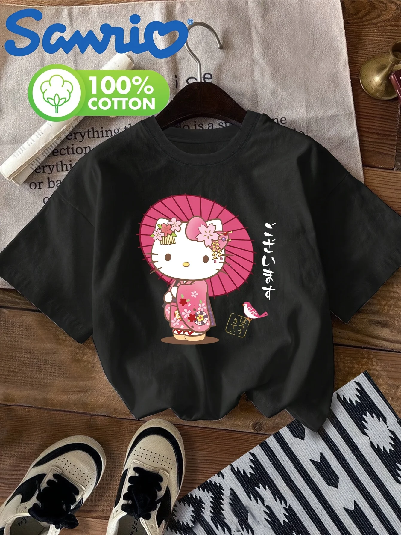 Cute and Trendy Hello Kitty Pattern Summer Women T-shirt Sanrio Round-neck Casual Relaxed Style Suitable Daily Wear 100% Cotton
