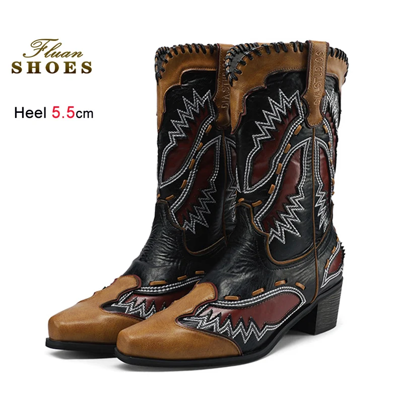 

Retro Western style Boots 5.5CM Chunky Heel Fashion Embroidery Square Toe Mid-calf Boots For Women splice Casual Autumn Shoes CD