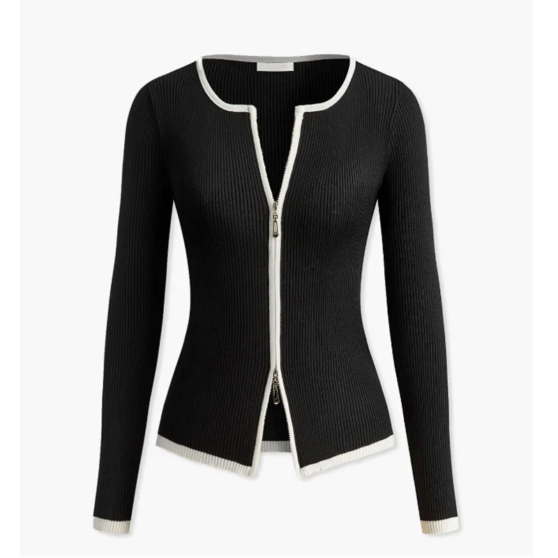 Long Sleeve Knitted Sweater Autumn Winter Double Zipper Color Block Casual Loose Fit Polyester Fiber Unisex Open Cardigan