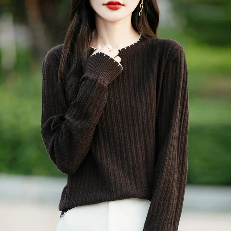 

New Spring Autumn Round Neck Color-blocked Knitted Short Women's Sweater Loose Versatile Slimming Base