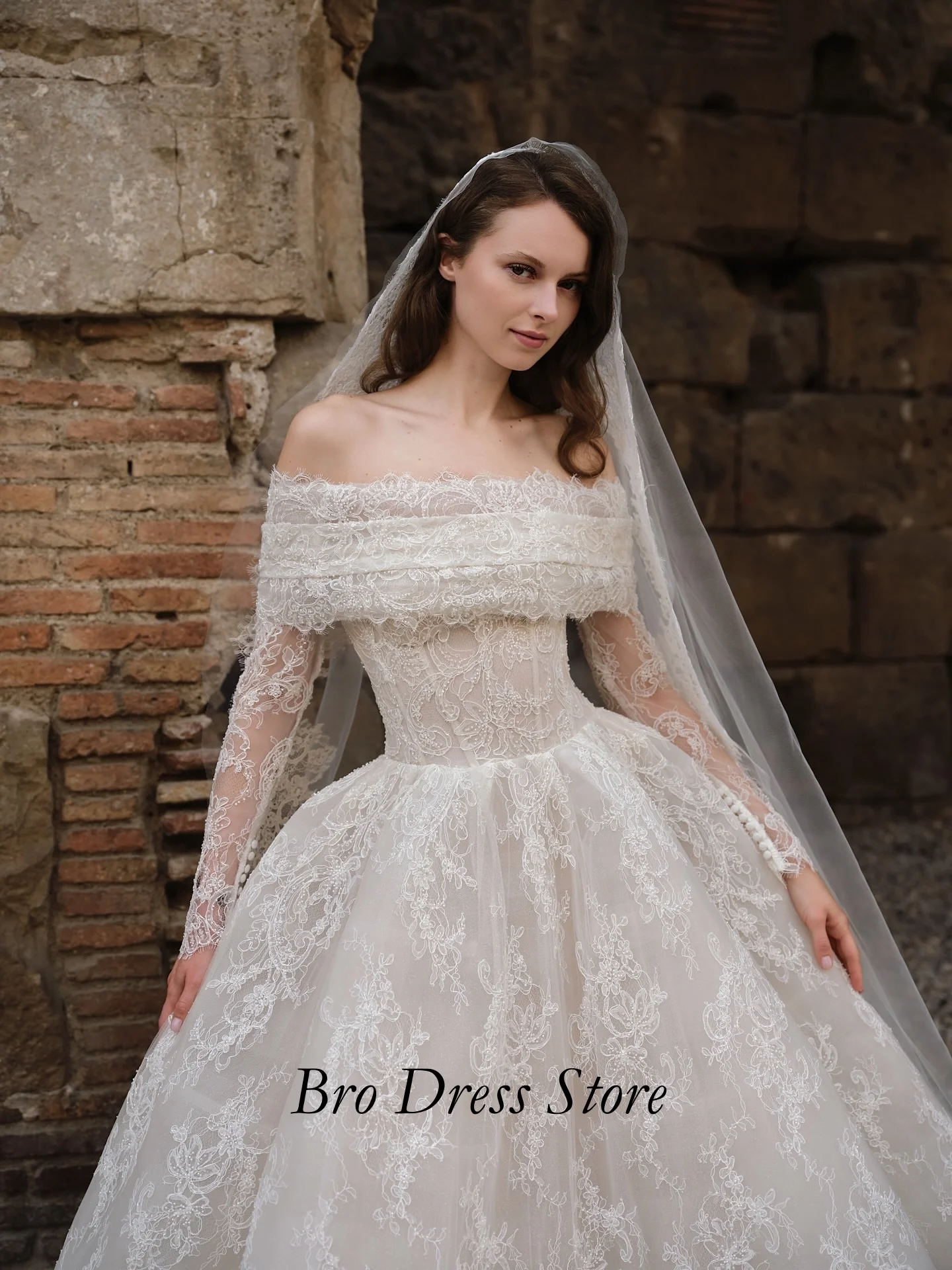 Customized Romantic Lace Wedding Dress Long Sleeves Off Shoulder Corset A Line Princess Bridal Gown Vestido de Novia