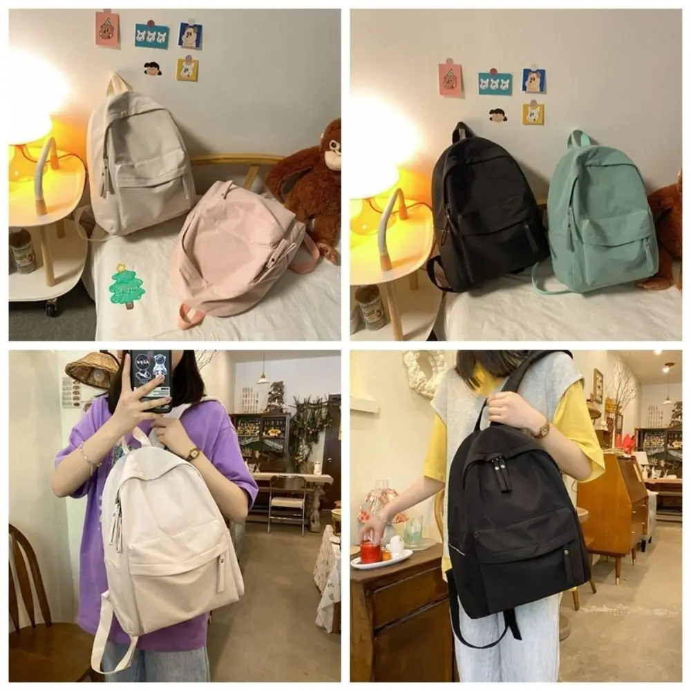 

Simple Korean Style Solid Color Backpack Nylon Waterproof Teens Schoolbag Large Capacity Casual Travel Bag Students