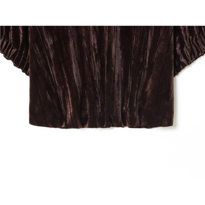 Vrouwen Fluwelen Ballon Top Herfst Ronde Hals Korte Mouwen Elastische Manchetten Trui Casual Mode Chique Vrouwelijke Tops