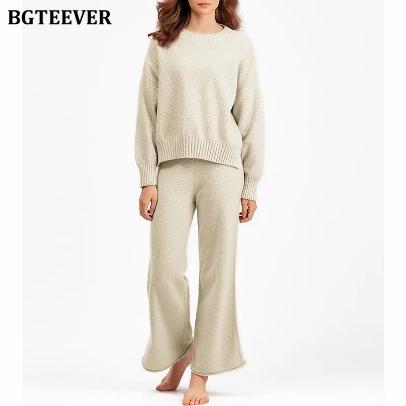 

Комплект BGTEEVER: повседневный свободный женский свитер с круглым вырезом, пуловер с длинными рукавами и брюки с широкими штанинами, осенне-зимний вязаный костюм для женщин