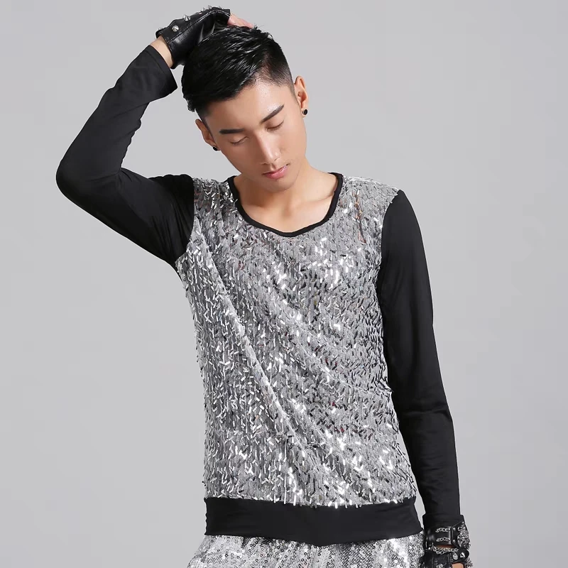 Male Sequins T-shirt Dance Costume Male Casual Loose Tops Personalized Singer Dancer Hip Hop Rock Performance Nightclub Clotthes