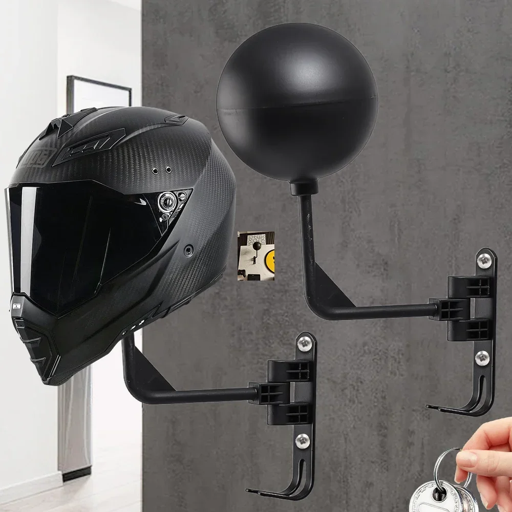 180° Rotation Motorcycle Helmet Rack Wall Mount with Hooks Metal Bicycle Helmet Display Hanger Stand for Coats Caps Rugby Helmet