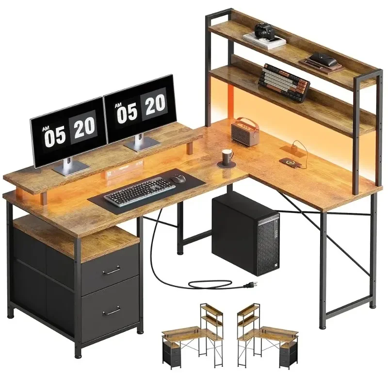 مكتب على شكل حرف L مع أرفف، مكتب كمبيوتر قابل للعكس مع أضواء LED ومحطة شحن، مكتب زاوية للمكتب المنزلي مع شاشة