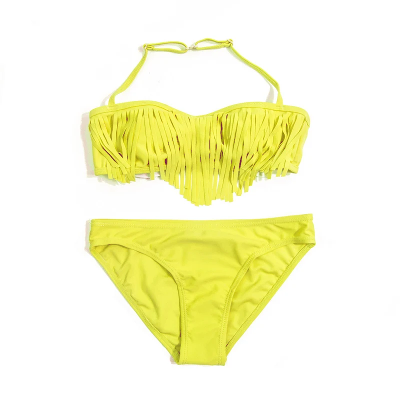 Tassle Solid Halter Girls Kids Bikini Set Summer Beach Cute Teen Kids Swimwear Swimsuit Children Swimming Suit