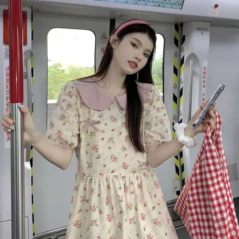 Sweet Summer New Floral Puff Sleeve Peter Pan Collar Casual Holiday Midi Dress