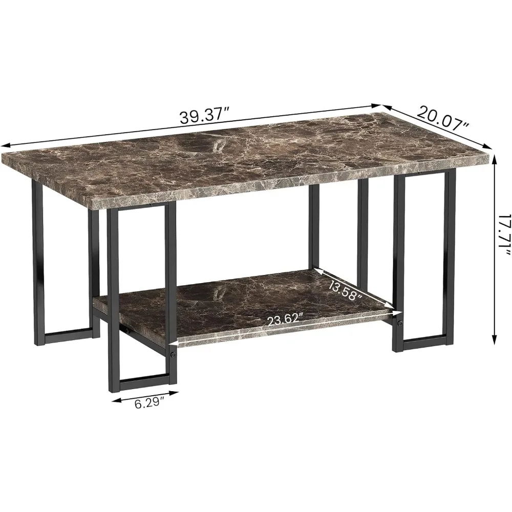 Marble Coffee Table, Imitation Marble Tabletop Rectangular Coffee Table with Black Metal Frame, 2-story Living Room Table