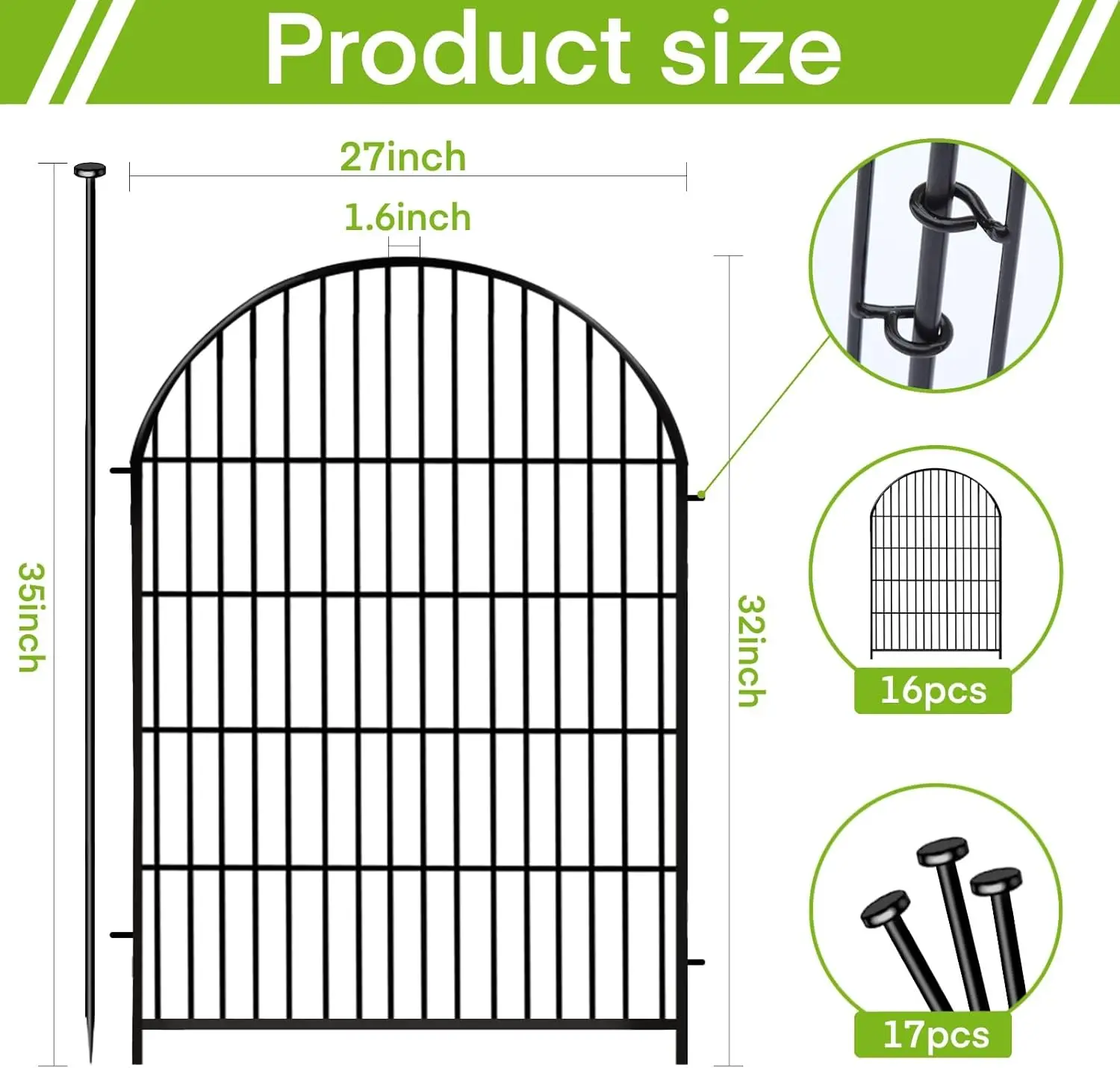 Garden Fence Animal Barrier with Gate 32 in(H)×35 Ft(L) 16 Panels,Rustproof Metal Wire Tall Fencing Border for Dogs Rabbits