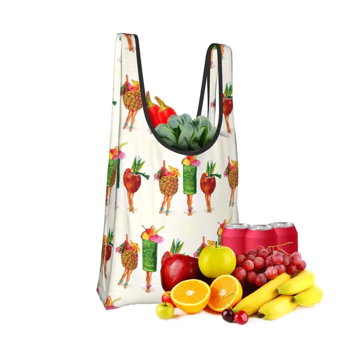 Tiki Cocktail Pin-Up Shopping Bag Portable Tote Bags Reusable Shoulder Shopper Bag Groceries Handbag