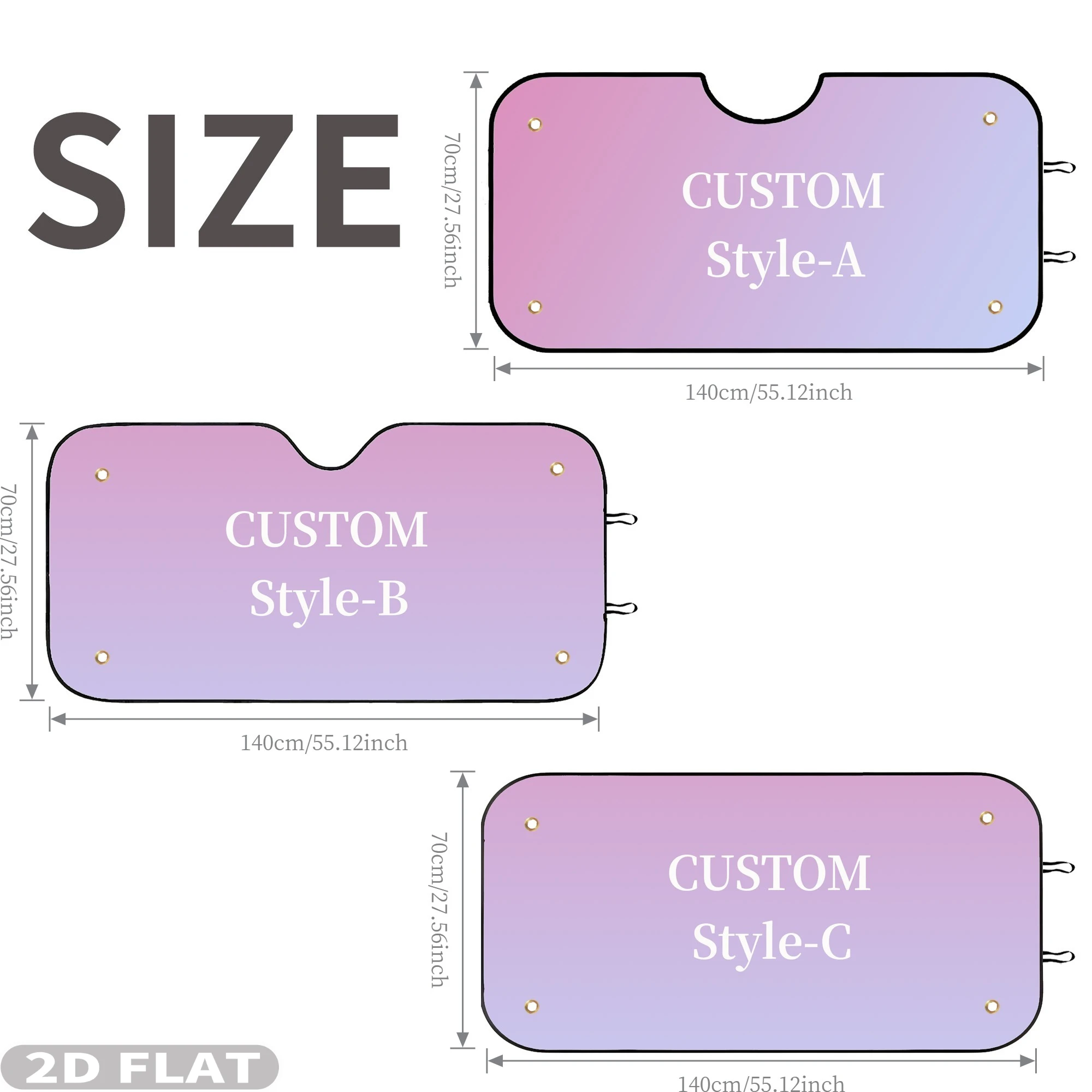 1pc Custom 2D FLAT 70x140cm Car Windshield Sun Shade, 3 Styles to Choose, with 4 Suction Cups,  Foldable Sun Protection Cover