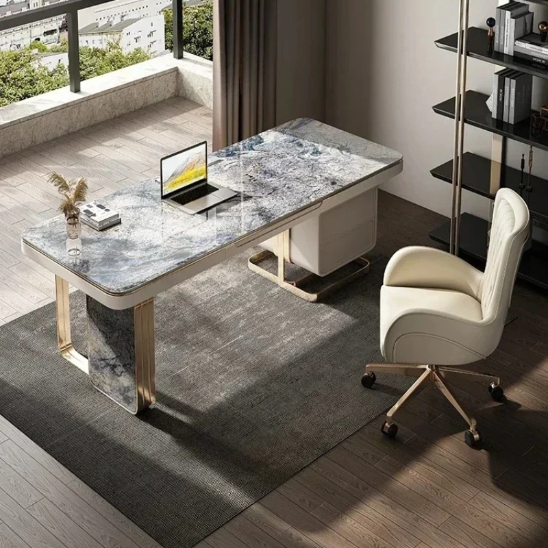 AA Computer Desk with 4 Drawers, 47 Inch Modern Home Office Desk with Glass Tops, White and Gold Writing Workstation Desk Slate
